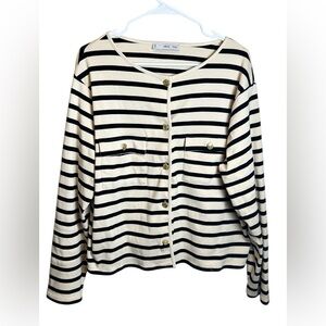 Mango MNG Cream Black Striped Button Up Cardigan Preppy Size 2XL